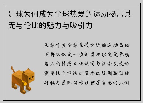 足球为何成为全球热爱的运动揭示其无与伦比的魅力与吸引力