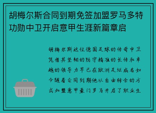 胡梅尔斯合同到期免签加盟罗马多特功勋中卫开启意甲生涯新篇章启