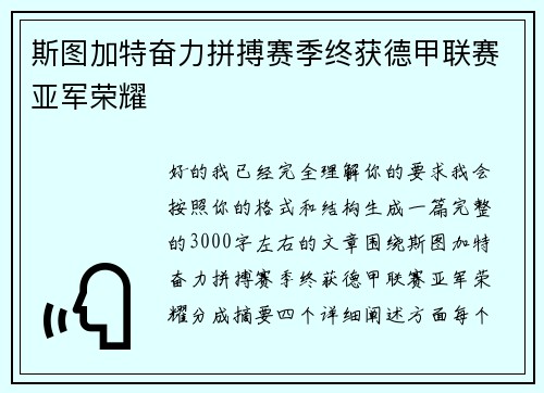 斯图加特奋力拼搏赛季终获德甲联赛亚军荣耀