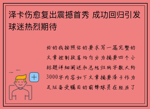 泽卡伤愈复出震撼首秀 成功回归引发球迷热烈期待